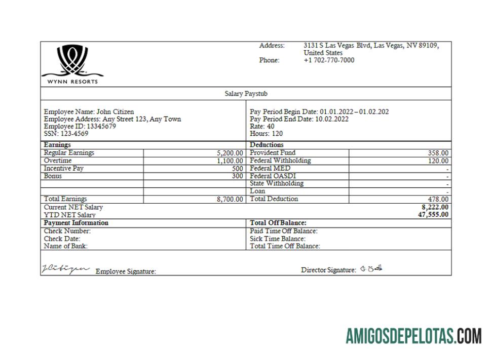 Recibo de pagamento da USA Wynn Resorts Hospitality Company baixar para verificação